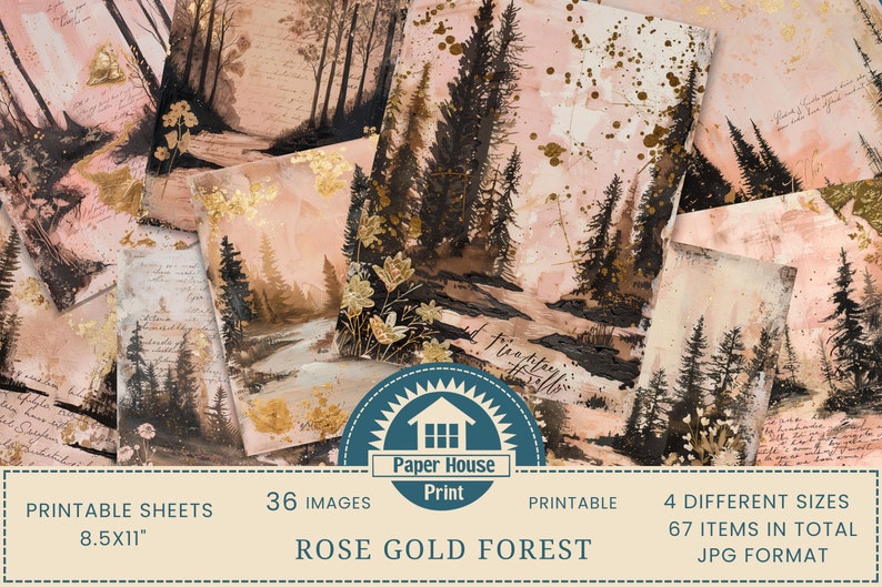 Carta di sfondo foresta oro rosa, 36 immagini di sfondo foresta stravagante, carta digitale giungla, carta stampabile, carta digitale paesaggio immagine 1