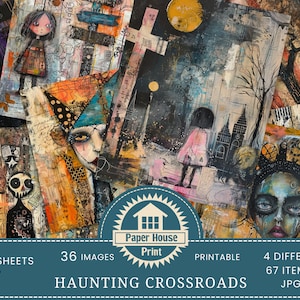 Haunting Crossroad, carta stampabile con tecnica mista gotica stravagante, ritratto di ragazza gotica, arte digitale con tecnica mista, diario spazzatura, carte ATC