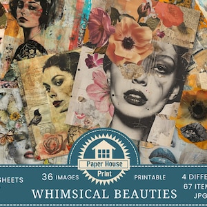 Carta da collage Whimsical Floral Beauties, ragazza con tecniche miste, album floreale, stampabile, diario spazzatura, collage, album, forniture, effimere