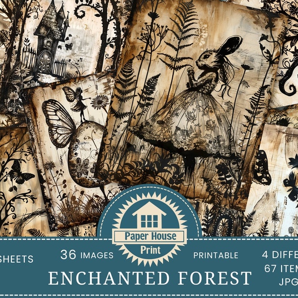 Enchanted Forest Junk Journal, Whimsical Forest Collage Paper, Gothic Forest Digital Papers, ATC cards, Invitation cards, Commercial Use