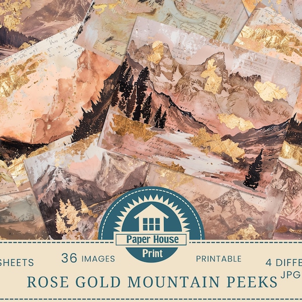 Rose Gold Mountain Peeks Background Paper, 36 Whimsical Mountains Background Images, Mountains Digital Paper, Printable Paper, Landscape