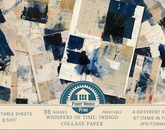 Whispers Of Time: Abstract Indigo Printable Paper, Abstract Collage Paper, Junk Journal Paper, Mixed Media Background Abstract Blue Paper