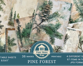 Forêt de pins sur papiers éphémères imprimables pour journal indésirable, thème de la montagne, page d'aventure pour l'artisanat et la fabrication de livres, techniques mixtes de nature