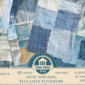 Azure Whispers: Immagini di sfondo patchwork di lino blu, Immagini di album, Texture di tessuto di lino, Carte digitali di lino, Stampa su tessuto