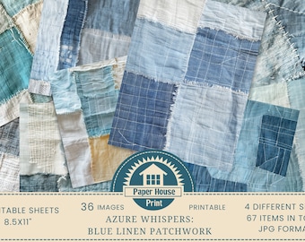 Murmures azur : images d'arrière-plan en patchwork de lin bleu, images de scrapbooking, texture du tissu en lin, papiers numériques en lin, impression sur tissu