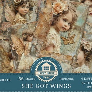 She Got Wings Junk Journal, carta angeli, bambine con tecniche miste, angeli floreali con ali, carta stampabile, carta con sfondo vintage, ATC