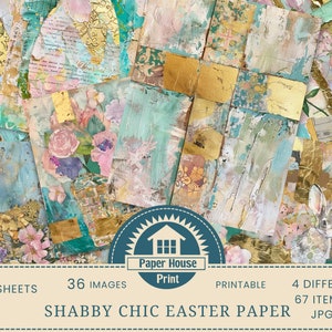 Diario pasquale shabby chic, pagine pasquali vintage, coniglietto pasquale, uova di Pasqua, illustrazioni, carta digitale, effimere, grunge dorato