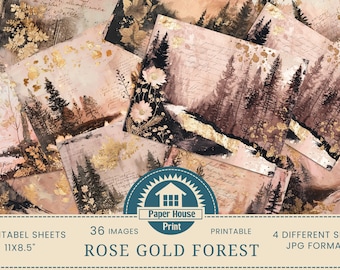 Carta di sfondo foresta oro rosa, 36 immagini di sfondo foresta stravagante, carta digitale giungla, carta stampabile, carta digitale paesaggio