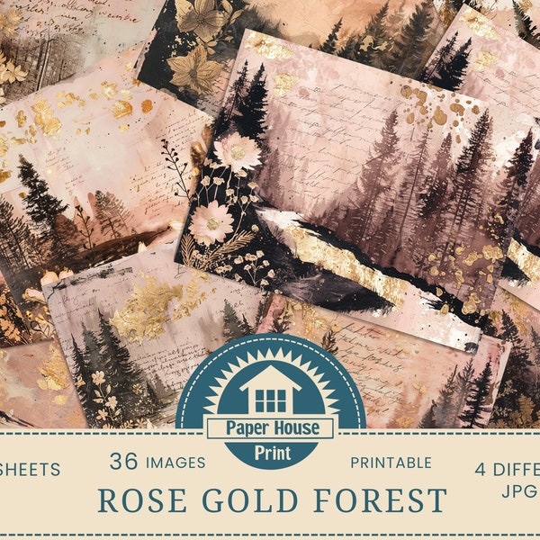 Rose Gold Forest Background Paper, 36 Whimsical Forest Background Images, Jungle Digital Paper, Printable Paper, Landscape Digital Paper