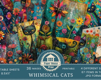 Images de fond colorées de chats lunatiques, fichiers JPEG imprimables de journal de malbouffe de chats, impression de chat, pages de scrapbooking, pages florales de journal de malbouffe de chat