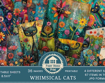 Whimsical Cats Colorful Background Images, Cats Junk Journal Printable JPEG files, cat print, Scrapbook pages, Floral Cat Junk Journal pages