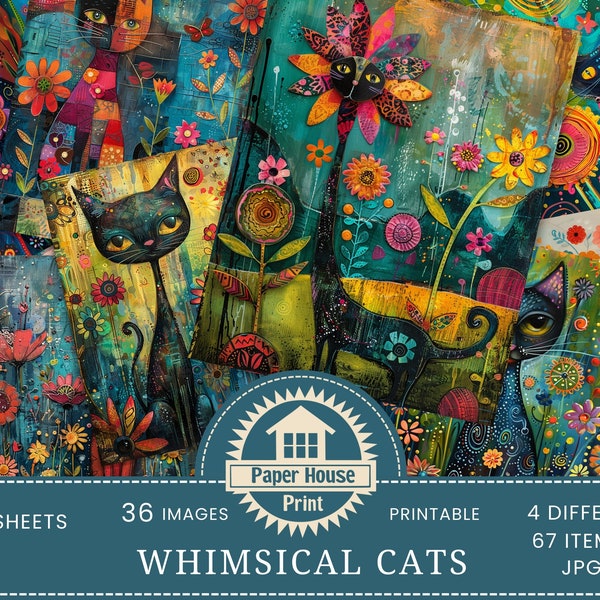 Whimsical Cats Colorful Background Images, Cats Junk Journal Printable JPEG files, cat print, Scrapbook pages, Floral Cat Junk Journal pages