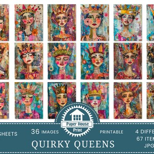 Immagini di sfondo colorato di Whimsical Queens, Quirky Queens Junk Journal, Whimsical Girls with Crown, file JPEG stampabili, pagina Junk Journal immagine 4