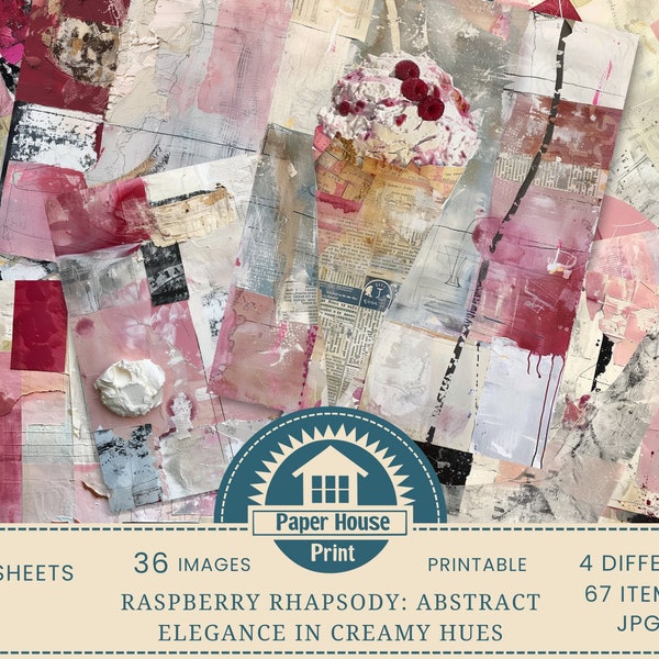 Raspberry Rhapsody: Abstract Elegance in Creamy Hues Printable Paper, Abstract Collage Paper, Junk Journal Paper, Mixed Media Background