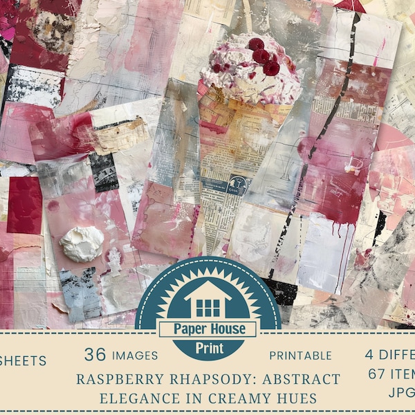 Raspberry Rhapsody : papier imprimable élégance abstraite dans des teintes crème, papier collage abstrait, papier journal indésirable, arrière-plan technique mixte