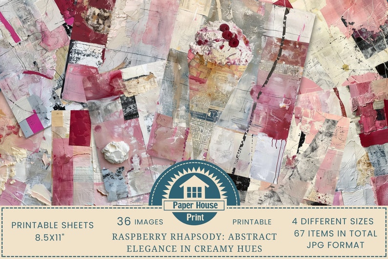 Raspberry Rhapsody: Eleganza astratta in tonalità cremose Carta stampabile, Carta per collage astratto, Carta per diario spazzatura, Sfondo multimediale misto immagine 1