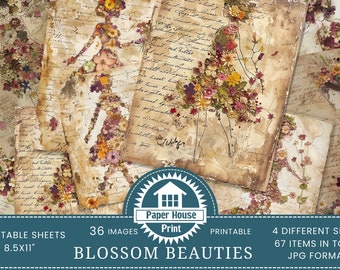 Pages de carnet Blossom Beauties, Journal floral pour filles, Papier printanier techniques mixtes, Papier de fond écriture manuscrite, Croquis de filles et fleurs