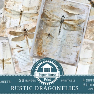 Carta da giornale rustica con libellule, tecnica mista con libellule, carta per decoupage con libellule, bianco e beige, biglietti ATC, biglietti d'invito