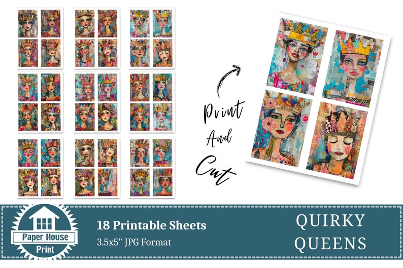 Immagini di sfondo colorato di Whimsical Queens, Quirky Queens Junk Journal, Whimsical Girls with Crown, file JPEG stampabili, pagina Junk Journal immagine 7