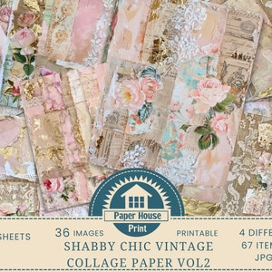 Pagine di diario spazzatura shabby chic, pacchetto di carta digitale, forniture per diario, romantici toni pastello pizzo impreziosito motivi floreali tela dorata V2 immagine 1