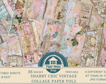 Pagine di diario spazzatura shabby chic, pacchetto di carta digitale, forniture per diario, romantici toni pastello pizzo impreziosito motivi floreali tela dorata V2