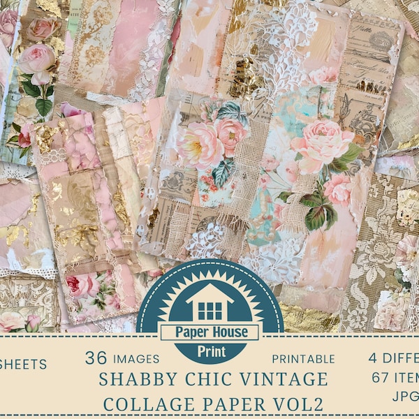 Shabby Chic Junk Journal Pages, Digital Paper Pack, Journaling Supplies, Romantic Pastel Tone Lace Embellished Floral Motifs Gold Burlap V2