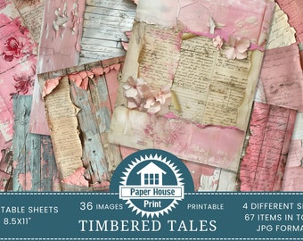 Timbered Tales Junk Journal Seiten, Tattered Notes druckbar, Tattered Wood Digitalpapier, Holz, Junk Journal Kit, Journalseiten, Handschrift