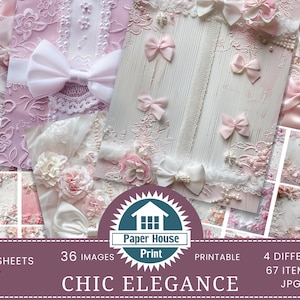 Elegante pizzo rosa e bianco con perle e fiocchi - Perfetto per scrapbooking, creazione di biglietti e diari spazzatura - 36 carte digitali di alta qualità