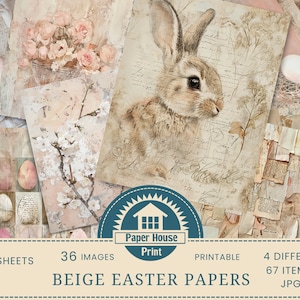 Pagine di diario e scrittura vintage di Pasqua, stampe di album di ritagli primaverili, carta beige, decorazioni pasquali, carta shabby chic, carta digitale