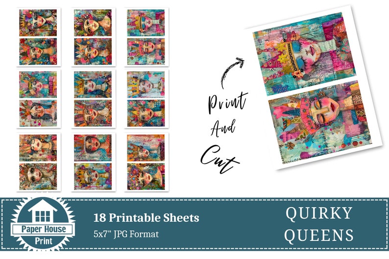 Immagini di sfondo colorato di Whimsical Queens, Quirky Queens Junk Journal, Whimsical Girls with Crown, file JPEG stampabili, pagina Junk Journal immagine 5