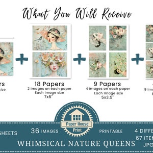 Whimsical Nature Queens Junk Journal Papers, Whimsical Girls Mixed Media Paper, Donne eccentriche, Arte digitale, Carte ATC, Dimensioni biglietto d'invito immagine 2