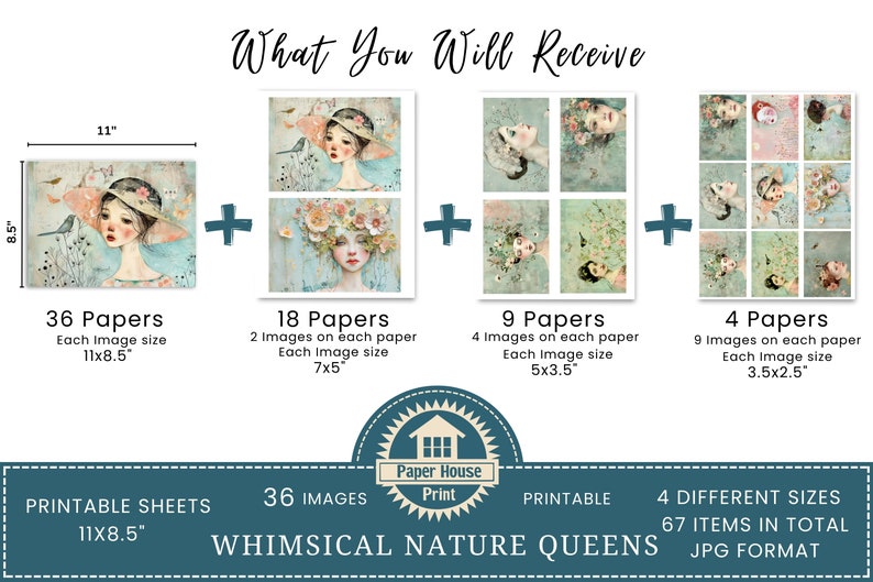 Whimsical Nature Queens Junk Journal Papers, Whimsical Girls Mixed Media Paper, Donne eccentriche, Arte digitale, Carte ATC, Dimensioni biglietto d'invito immagine 2