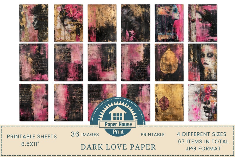 Carta digitale Dark Love, carta di sfondo gotico stravagante, 36 arti digitali, 67 fogli stampabili, sfondo romantico floreale, uso commerciale immagine 3