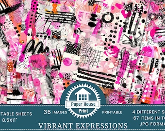 Abstract roze en zwart collagepapier, mixed media-papier, abstract achtergrondpapier, modern afdrukbaar papier, abstract collage-junkjournaal