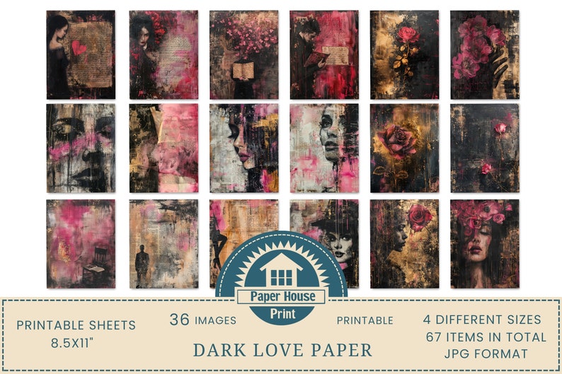 Dark Love digital paper, Whimsical Gothic background paper, 36 Digital Arts, 67 Printable Sheets, Floral Romantic Background, Commercial Use image 4