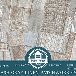 May include: 36 printable digital paper sheets featuring a patchwork design of ash gray linen fabric in 4 different sizes. The digital paper sheets are 8.5 inches by 11 inches and are in JPG format.