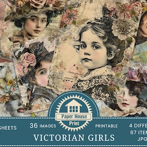 Carta per scrapbooking di ragazze vittoriane, ritratti di ragazze vintage, carta stampabile per ragazze, kit di diario vittoriano Junk, ritratti di donne vecchio stile