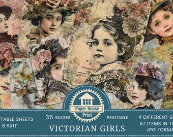 May include: A digital collage of 36 printable images featuring Victorian girls in various poses and settings. The images are in JPG format and come in four different sizes, totaling 67 items. The images are perfect for scrapbooking, card making, and other craft projects.
