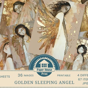 Carta stampabile Whimsical Angels, carte Golden Sleeping Angels, 36 disegni stravaganti, 67 fogli stampabili, carta per tecniche miste, uso commerciale