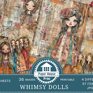 Pagine di diario spazzatura Whimsy Dolls, diario spazzatura Whimsical Girls, effimeri stravaganti, carte di diario spazzatura stravaganti, carte digitali stravaganti