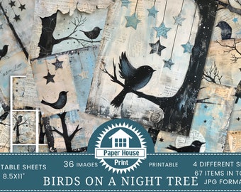 May include: A digital collage of 36 printable images featuring black birds on branches with a blue and white background. The images are arranged in a grid pattern and include stars and the text "Birds on a Night Tree".