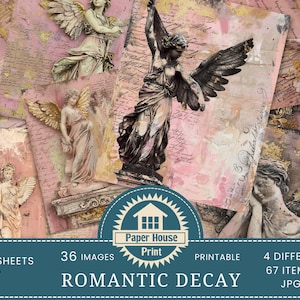 Romantic Decay Angel Statue Junk Journal, biglietti ATC con angeli, kit di diario spazzatura con carta da decoupage stampabile, fogli di collage di belle arti, tecniche miste