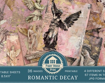 Diario spazzatura con statua di angelo dal decadimento romantico, carte ATC degli angeli, kit di diario spazzatura di carta decoupage stampabile, fogli di collage di belle arti, supporti misti