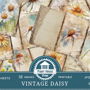 Kit Vintage Daisy Journal, 18 pagine di diario digitale Junk, 11 x 8,5, carta Grunge Daisy, effimeri di diario stampabili, artigianato di carta, kit digitale