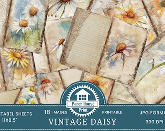 Vintage Daisy Journal Kit, 18 Digital Junk Journal Pages, 11 x 8.5, Grunge Daisy Paper, Printable Journal Ephemera, Paper Craft, Digital Kit