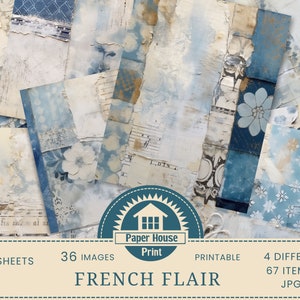 Stampa su carta floreale French Flair, carta per scrapbooking, confezione di carta digitale, kit di diario spazzatura blu, carta digitale blu, fogli di collage blu