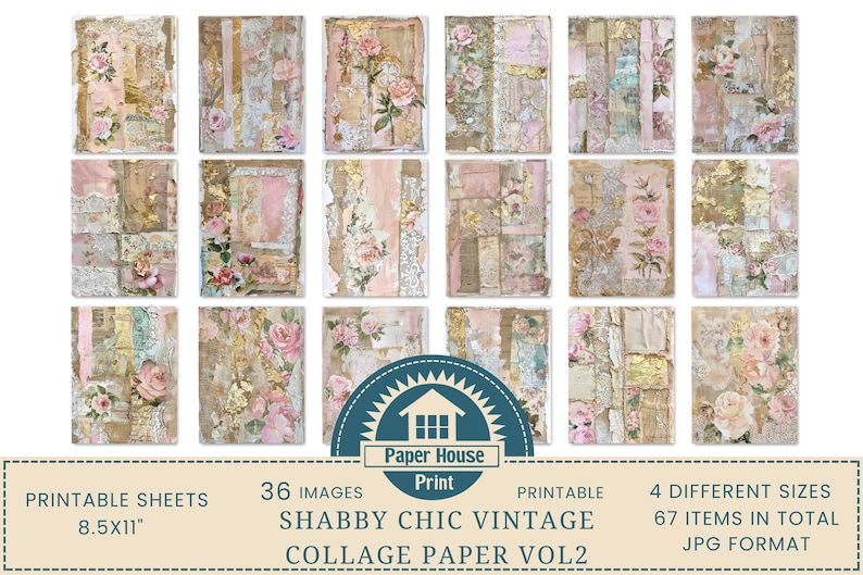 Pagine di diario spazzatura shabby chic, pacchetto di carta digitale, forniture per diario, romantici toni pastello pizzo impreziosito motivi floreali tela dorata V2 immagine 4