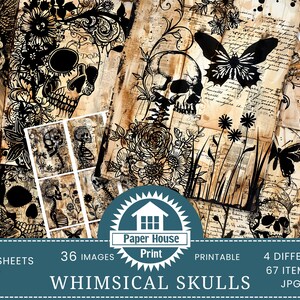 Páginas de diário de lixo de caveiras caprichosas, kit de diário de lixo de caveira de fantasia sombria, colagem de papel digital vintage de Halloween, folhas para cartões ATC para impressão