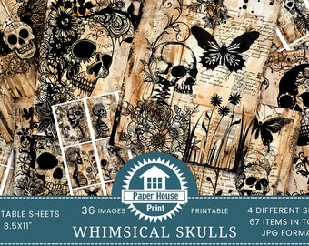 Whimsical Skulls Junk Journal Pages, Dark Fantasy Skull Junk journal Kit Halloween Vintage Digital Paper Collage Sheet Printable ATC Cards