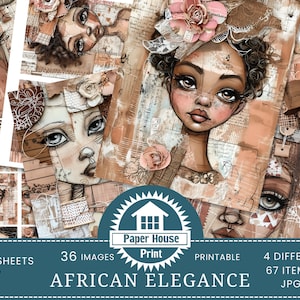 African Elegance Black Girls Mixed Media Papers, afroamericano, kit di diario spazzatura, carte digitali, materiale effimero stampabile, kit di diario digitale